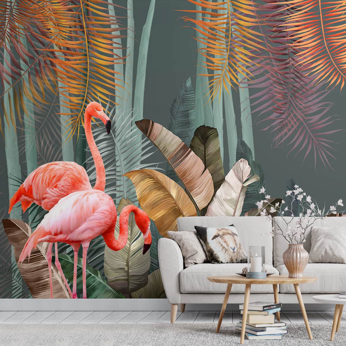 A close-up of aPink Flamingos in Tropical Jungle Wallpaper for Rooms Indrani Series Soft Feel Tropical Design (Customised Size Wallpaper )available at Material Depot in Bangalore